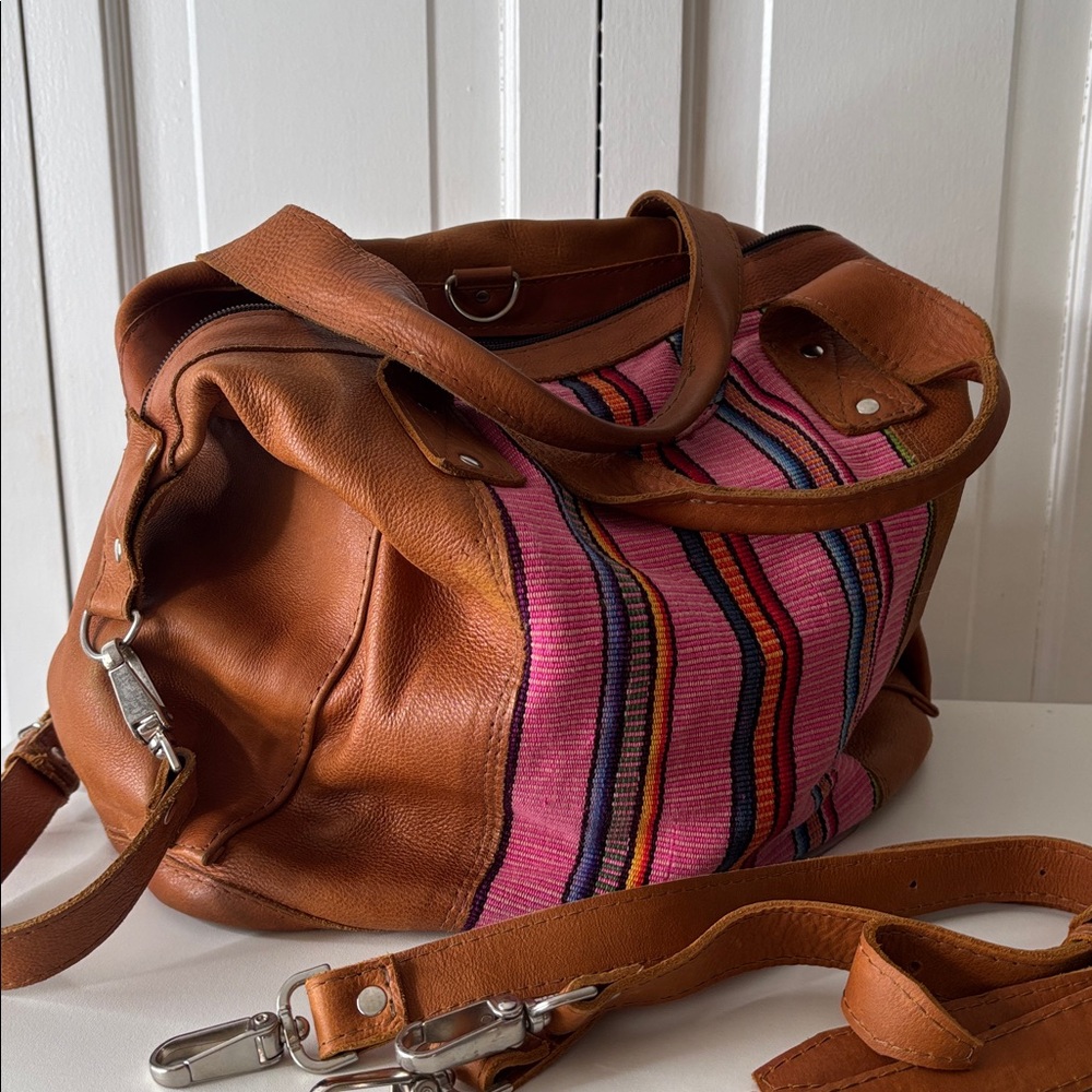 Nena & Co. Brown Leather Travel Bag with Pink Multicolor Stripe Panel - Picture 6 of 11